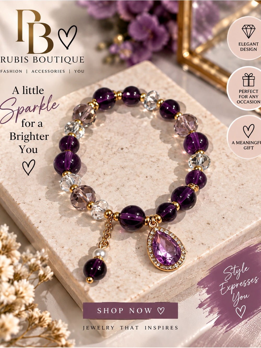 Purple Teardrop Charm Beaded Bracelet